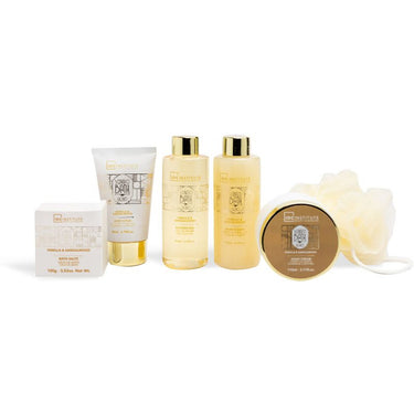 IDC INSTITUTE vonios rinkinys Vanilla & Sandalwood (želė, putos, druska, rankų kremas ir kūno šveitiklis, plaušinė)