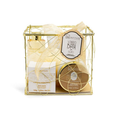 IDC INSTITUTE vonios rinkinys Vanilla & Sandalwood (želė, putos, druska, rankų kremas ir kūno šveitiklis, plaušinė)